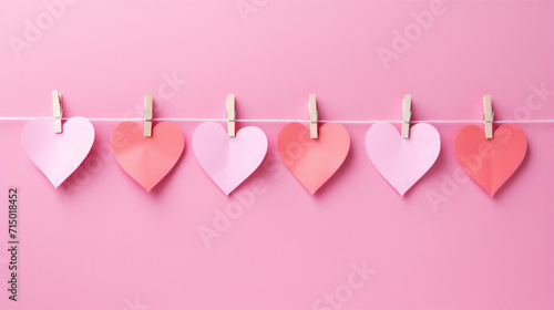 String with wooden clothes pegs attached with cute paper love hearts. Red and pink hearts on a pink background. Love and Valentine's Day themed. Generative AI photo