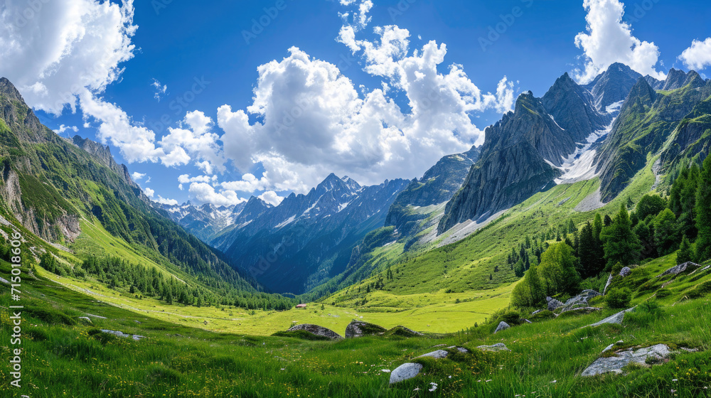 An expansive panorama showcasing the stunning beauty of the Alpine region