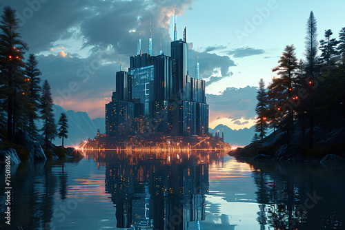 Futuristic data lakehouse concept with a holographic cityscape on a serene lake reflecting cutting-edge data integration photo