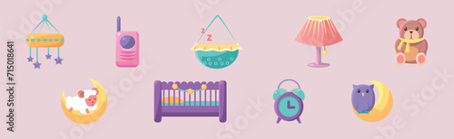 Baby Bedroom and Bedtime Object and Elements Vector Set