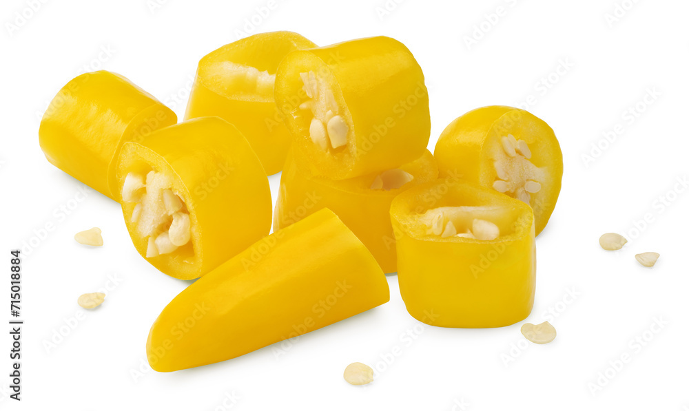 sliced yellow hot chili peppers isolated on white background clipping path - obrazy, fototapety, plakaty 