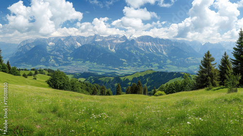 An expansive panorama showcasing the stunning beauty of the Alpine region