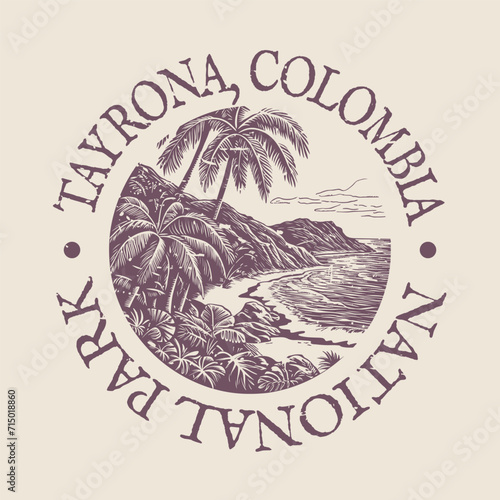 Tayrona, Magdalena, Colombia Illustration Clip Art Design Shape. National Park Vintage Icon Vector Stamp.