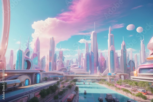 colourful pastel animation of a futuristic city, cartoon-style designs.