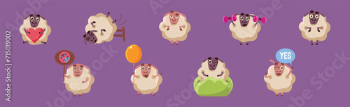 Funny Sheep Character in Different Action on Purple Background Vector Set