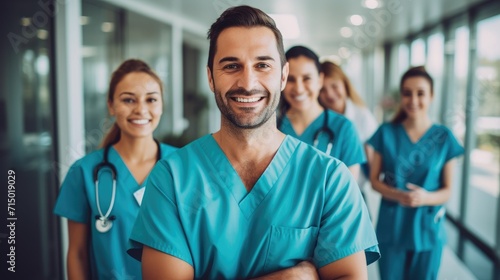 Portrait of a smiling happy male medical doctor or nurse and team standing in hospital, Medical concept. photo