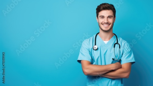 Portrait of a smiling happy male medical doctor or nurse standing isolate on blue background, Medical concept.