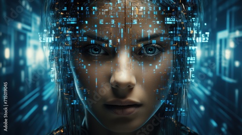Cyberhumanoid girl robot with blue eyes and binary code represents AI, artificial intelligence and future technology.. photo