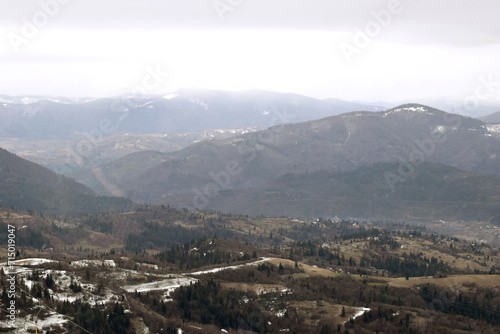 view from the top of mountain, fog in the mountains