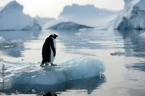 symbolizing the impact of global warming  featuring a stranded penguin on a melting ice piece