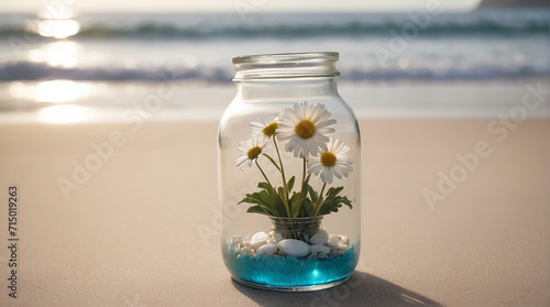 A Captivating Daisy Jar Amidst Beach Serenity AI GENERATED