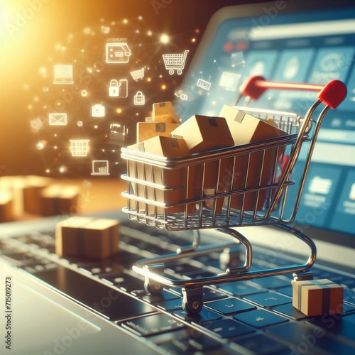 Digital Cart: A Snapshot of Online Shopping. A miniature shopping cart filled with boxes placed on a laptop keyboard, symbolizing the convenience and ease of online shopping with visual elements photo