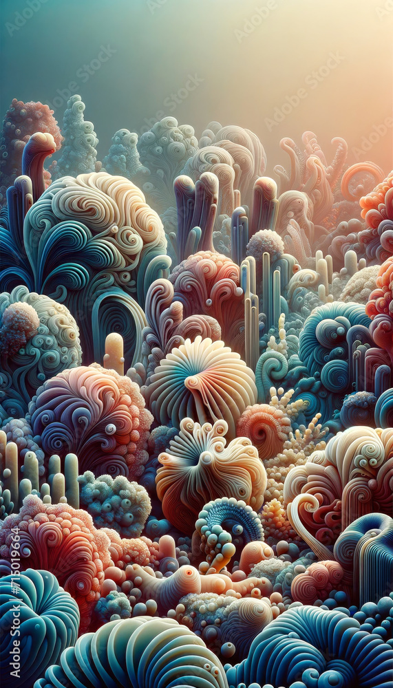 Fototapeta premium Surreal Coral Reef Ecosystem Art. Surreal artwork of a vibrant coral reef ecosystem.