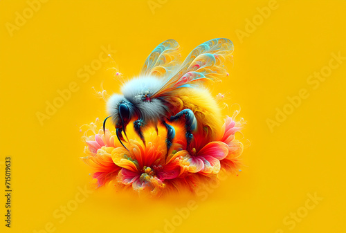 fluffy bee with transparent wings collecting flower pollen against  yellow background, generative ai photo