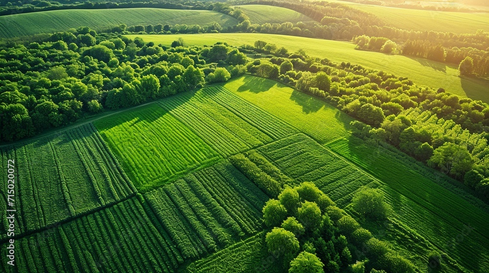 Aerial view of a picturesque farmland with vibrant greenery, illustrating the beauty of spring farming. [Aerial view of spring farmland