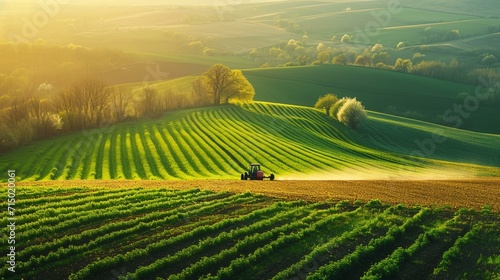 Farmer plowing the vibrant green fields in preparation for spring planting. [Farmer plowing fields in spring photo