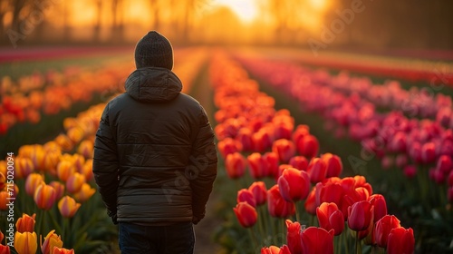 Farmer observing a colorful field of tulips, diversifying crops for a visually stunning spring landscape. [Tulip field in spring photo