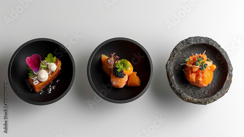 Creative Michelin-starred dishes that use different ingredients but with very creative shapes, Practical, realistic style, and Culinary art. photo