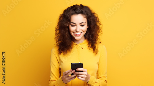 Beautiful young brunette woman holding a phone on yellow background photo