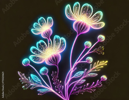 Beautiful glowing flowers illustration on black background. Generative ai
