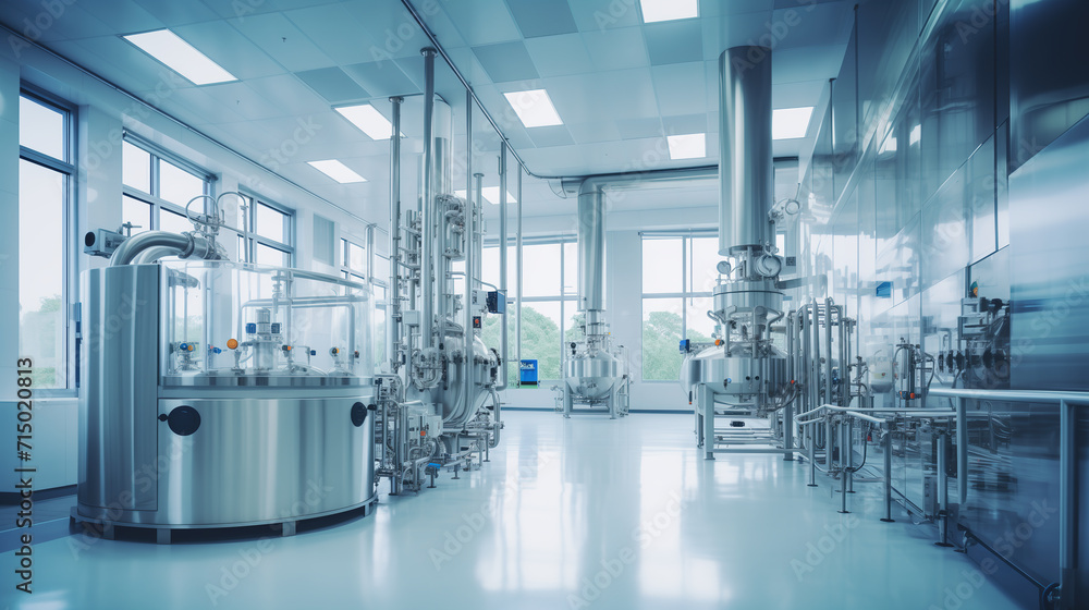 Large production facility with metal tanks and lab equipment. Advanced technology. Interior of a biopharmaceutical medicine factory. Large production facility with metal tanks and lab equipment. Advanced technology. Interior of a biopharmaceutical medicine factory.