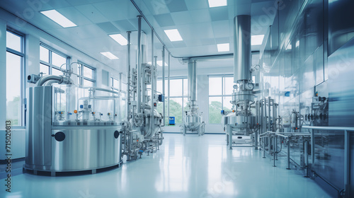 Large production facility with metal tanks and lab equipment. Advanced technology. Interior of a biopharmaceutical medicine factory.