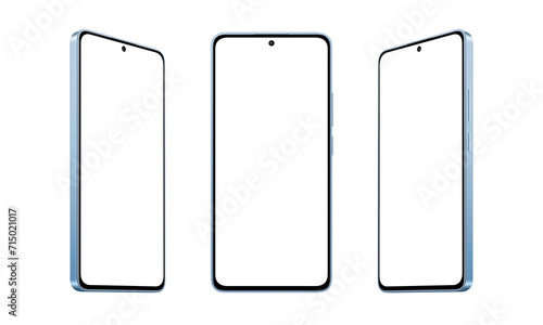Blue, modern smartphone mockup with thin, round edges, displayed in three positions, transparent photo