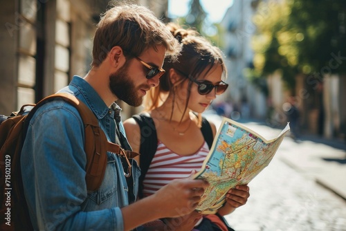 Happy couple on sidewalk checking route map