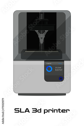 SLA 3D printer black and white DLP LCD stereolithography printing creating polymer plastic model Eiffel tower. Vector illustration icon isolated on white background