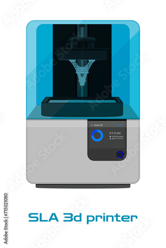 SLA 3D printer blue DLP LCD stereolithography printing creating polymer plastic model Eiffel tower. Vector illustration icon isolated on white background