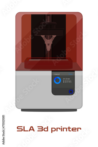 SLA 3D printer red DLP LCD stereolithography printing creating polymer plastic model Eiffel tower. Vector illustration icon isolated on white background