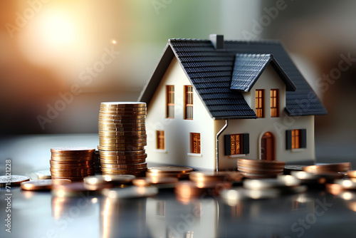 A model house sitting on top of a pile of coins. Ideal for illustrating concepts such as financial planning, real estate investment, or savings goals