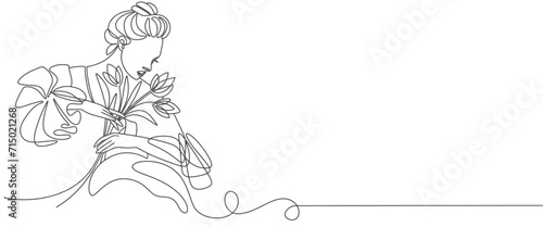 International women's day greeting card. Woman with flower in line art style drawing. Abstract female portrait in simple linear style. Doodle Vector illustration for 8 march