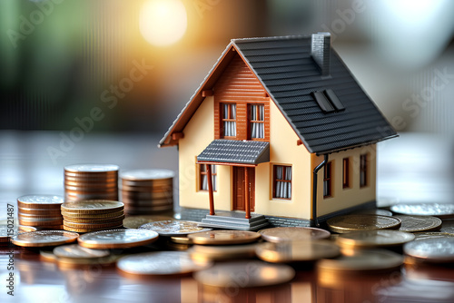 A model house sitting on top of a pile of coins. Ideal for illustrating concepts such as financial planning, real estate investment, or savings goals