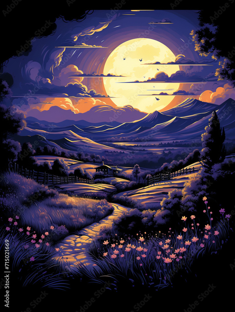 T-shirt design, a serene landscape of rolling lavender fields under a twilight sky, capturing the essence of Provence created with Generative Ai