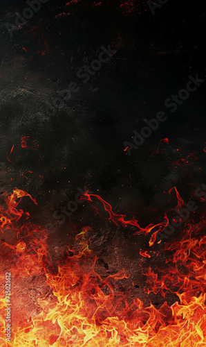 Burning flames from the bottom of dark grungy vertical background.