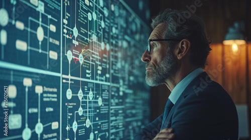 A trial lawyer business man in office scrutinizes looking a large flowchart screen on the wall, technology strategy concept photo