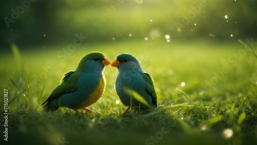 Tow green birds in a romantic scene with beautiful green nature landscape, animals. photo