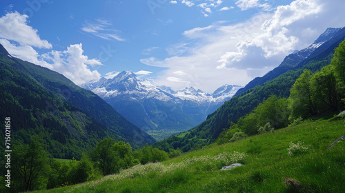 A breathtaking view of snow-capped peaks and lush valleys in the majestic Alps