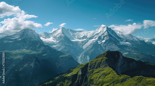 A breathtaking view of snow-capped peaks and lush valleys in the majestic Alps