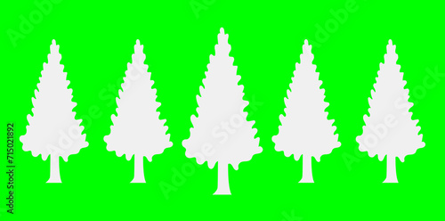 Collection Of Abstract White Trees On Green Screen, Cartoon Style Trees Silhouette Vector Illustration.