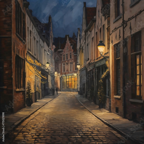 Digital painting of a winter street in the old town of Bruges, Belgium, town in the evening, impressionism vintage wallpaper