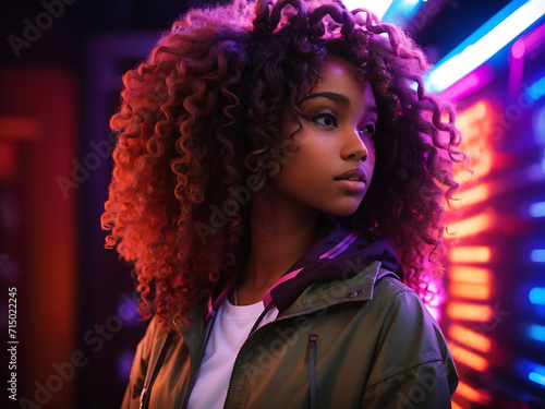 Confident young African American female with curly hair standing looking away in neon light designs. © Mahmud