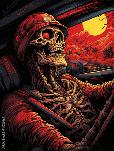 T-shirt design  an eerie depiction of a skeleton  gripping the steering wheel within a car s confines created with Generative Ai