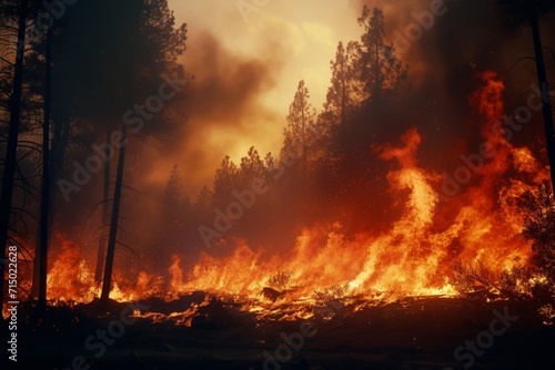 Facing the destructive force of a wildfire burning in nature.