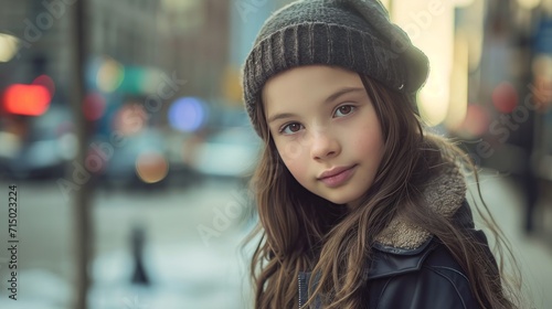 a beautiful 12 year old fashion model, outdoors on a city sidewalk, Childhood