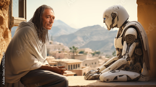 Mature man with long hair is having a conversation with a cyborg, with ancient city in the background. Exchange of knowledge. Past, present and future. photo