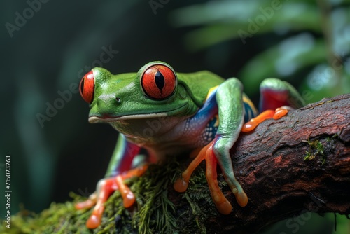 Vibrant red-eyed tree frog perched on a branch, its bright colors standing out against the lush greenery of the rainforest.