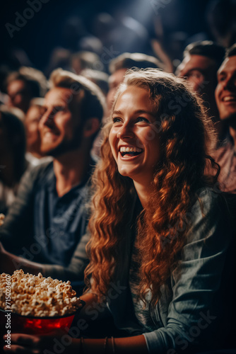 Young woman laughing, eating popcorn and watching a comedy movie in the cinema