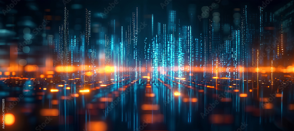Abstract blurred bokeh background with financial technology symbols and dynamic light streaks